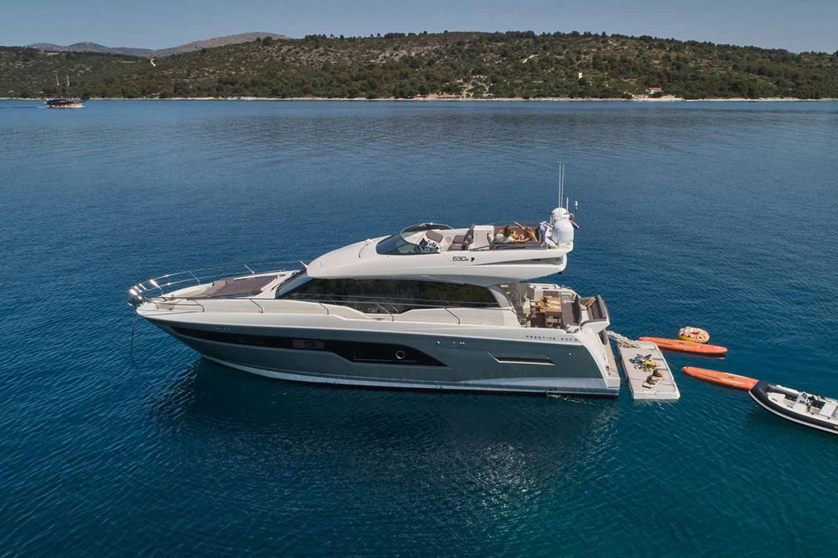 Exterior view of Simul, a Prestige 630S yacht at Grad Trogir, Croatia