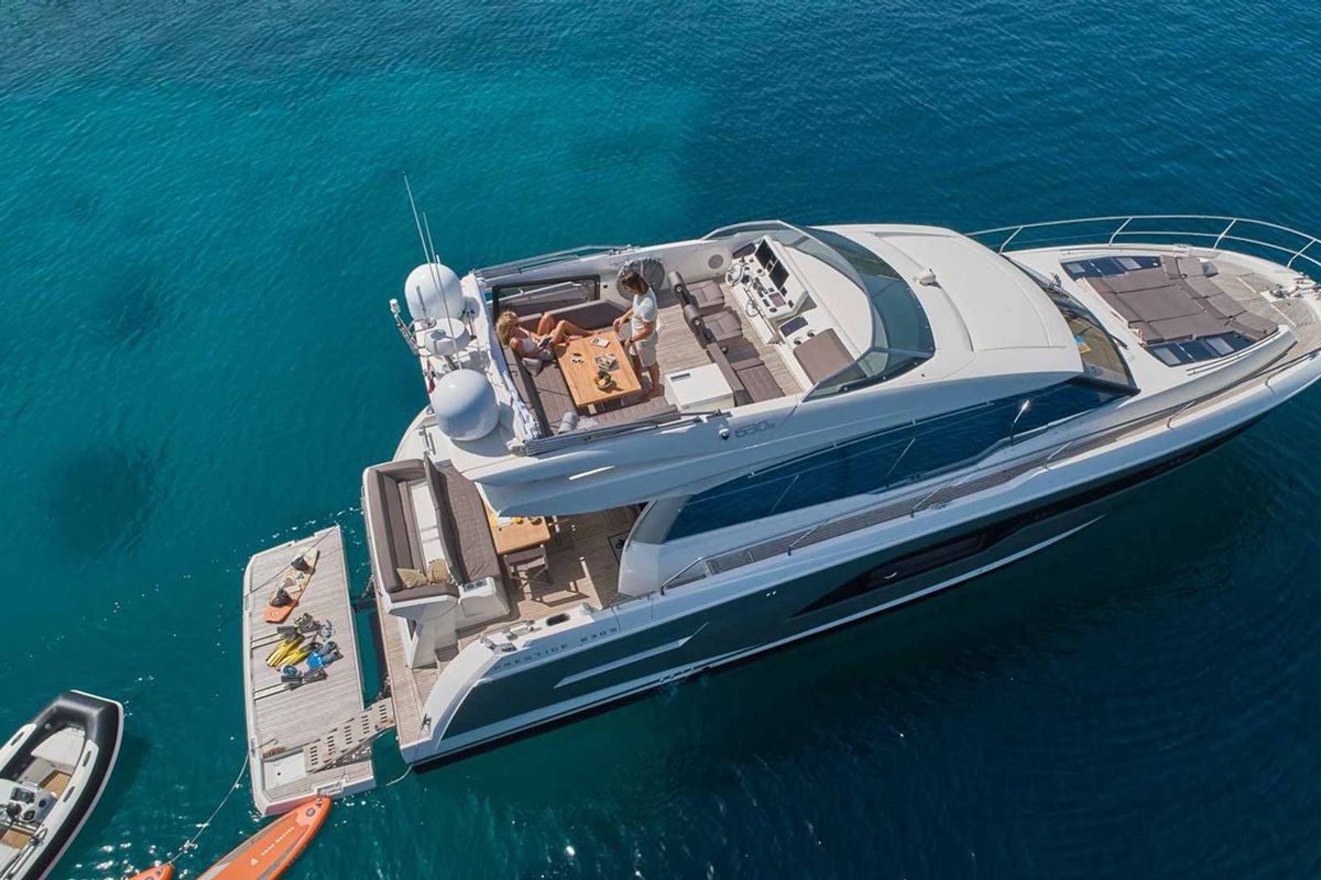 Exterior view of Simul, a Prestige 630S yacht at Grad Trogir, Croatia