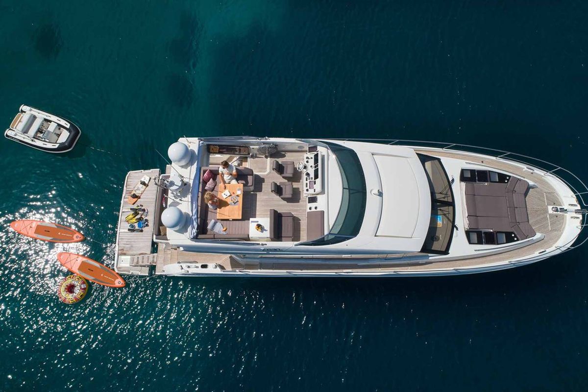 Exterior view of Simul, a Prestige 630S yacht at Grad Trogir, Croatia