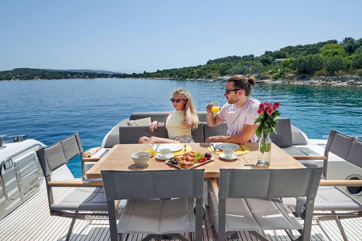 Deck of Simul, a Prestige 630S yacht at Grad Trogir, Croatia