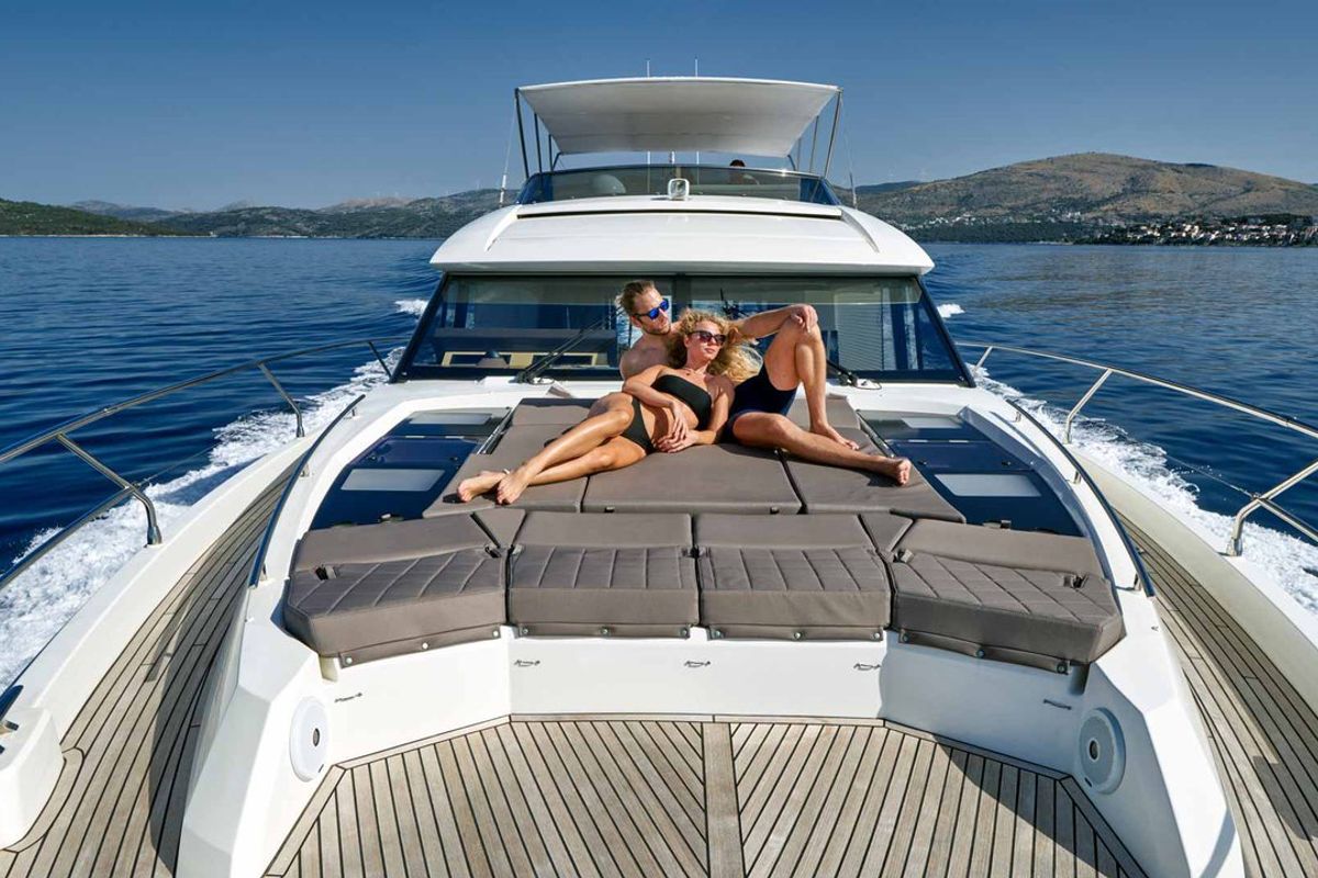 Deck of Simul, a Prestige 630S yacht at Grad Trogir, Croatia