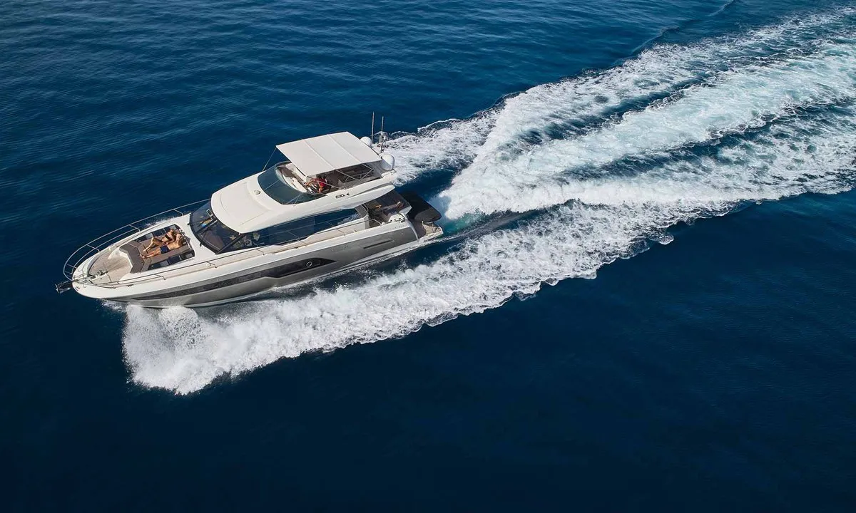Exterior view of Simul, a Prestige 630S yacht at Grad Trogir, Croatia
