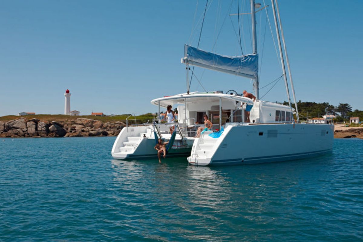 Exterior view of Big Elli, a Lagoon 450 F catamaran at Palma de Mallorca, Spain