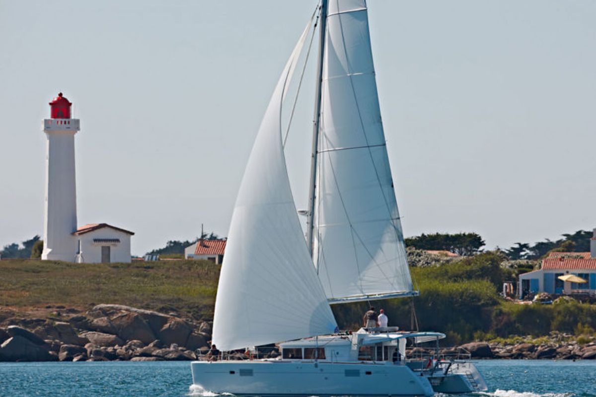 Exterior view of Big Elli, a Lagoon 450 F catamaran at Palma de Mallorca, Spain