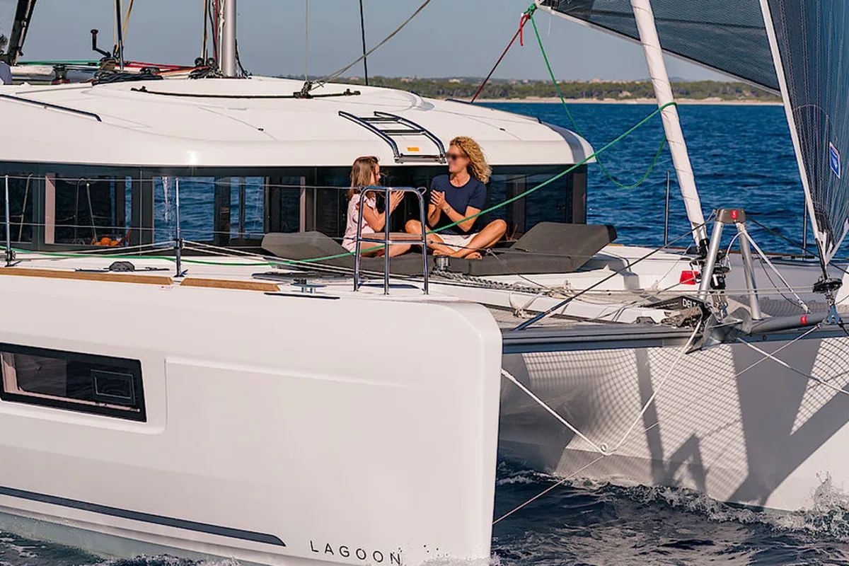 Exterior view of Sunrise, a Lagoon 40 catamaran at Palma de Mallorca, Spain