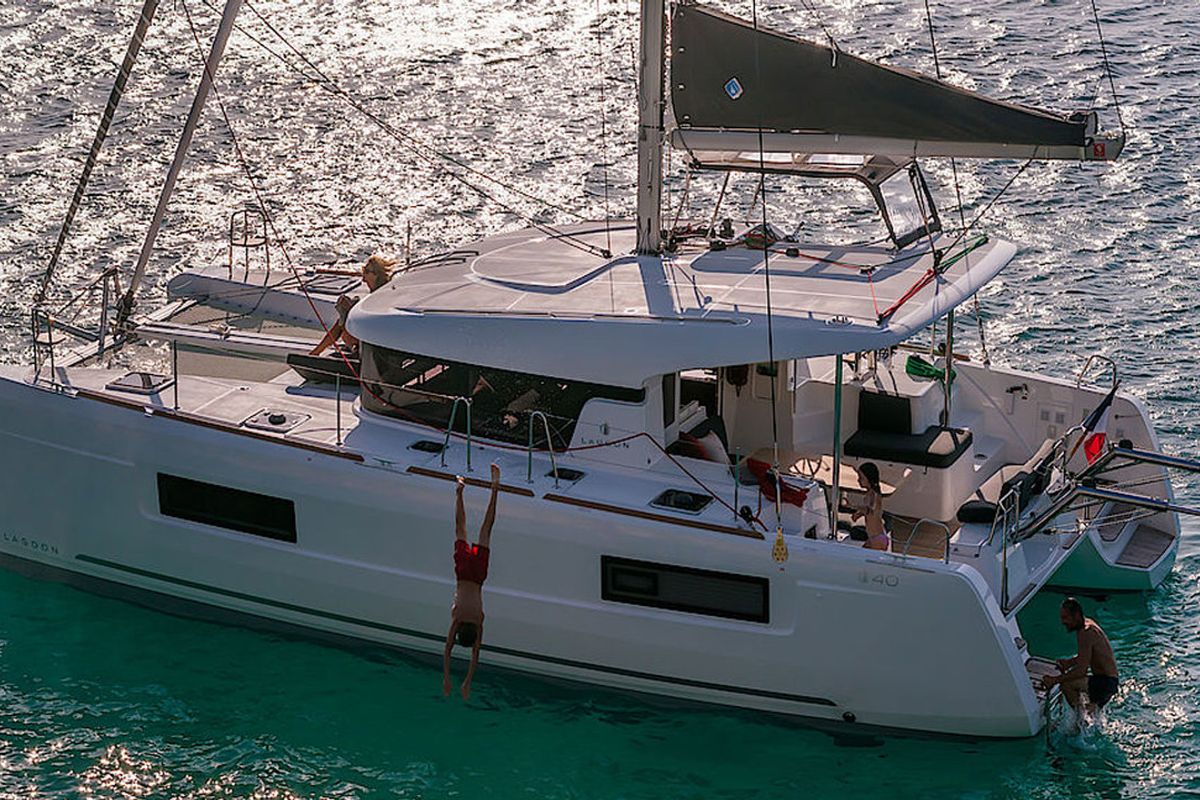 Exterior view of Sunrise, a Lagoon 40 catamaran at Palma de Mallorca, Spain