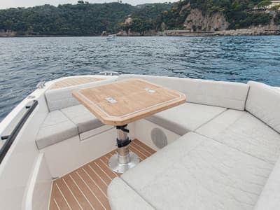 Deck of Allora, a Saxdor Yachts motorboat at Alyki, Greece