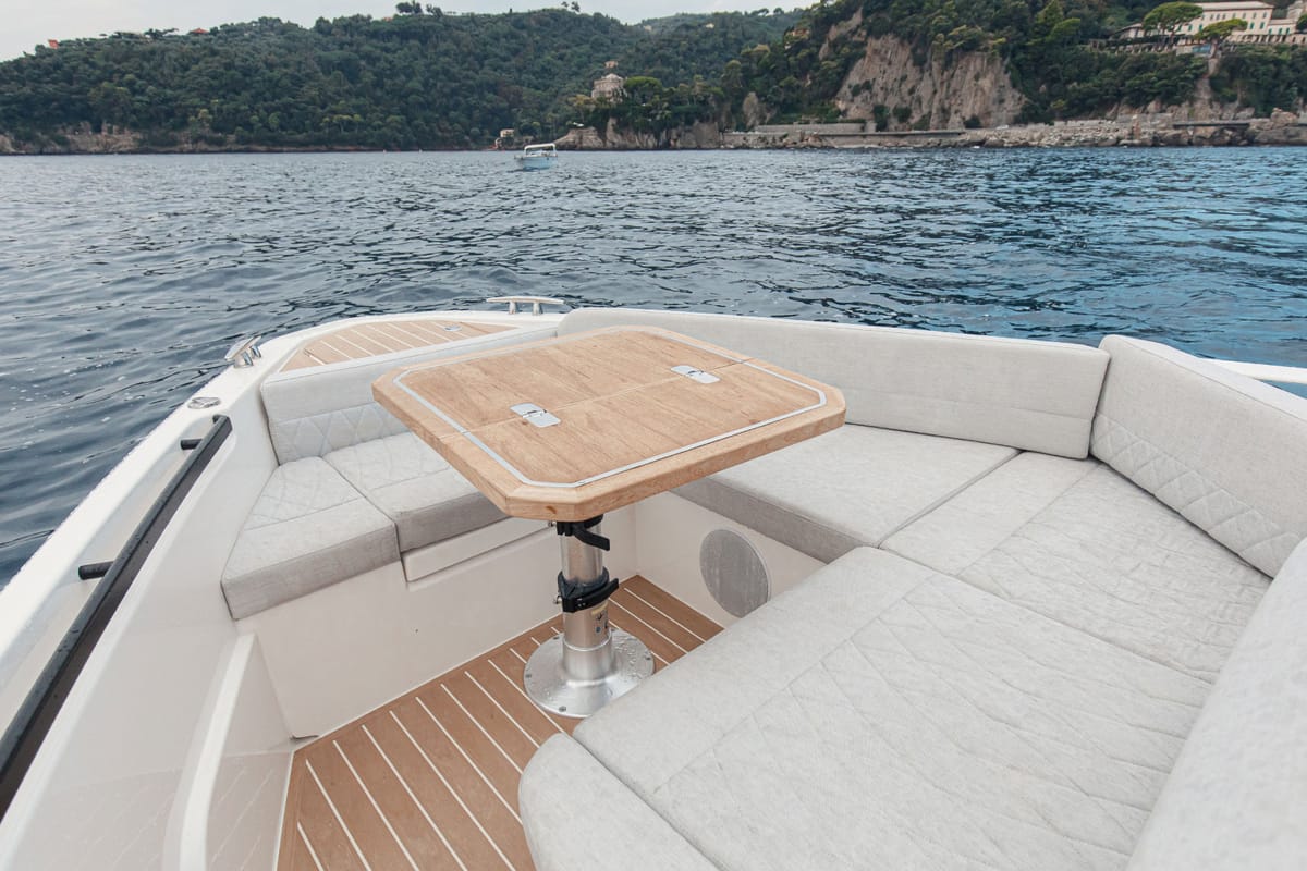 Deck of Allora, a Saxdor Yachts motorboat at Alyki, Greece