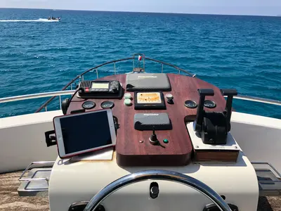 Cockpit of Dreamaway, a Gulet Waverunner 55 yacht at Olbia, Italy
