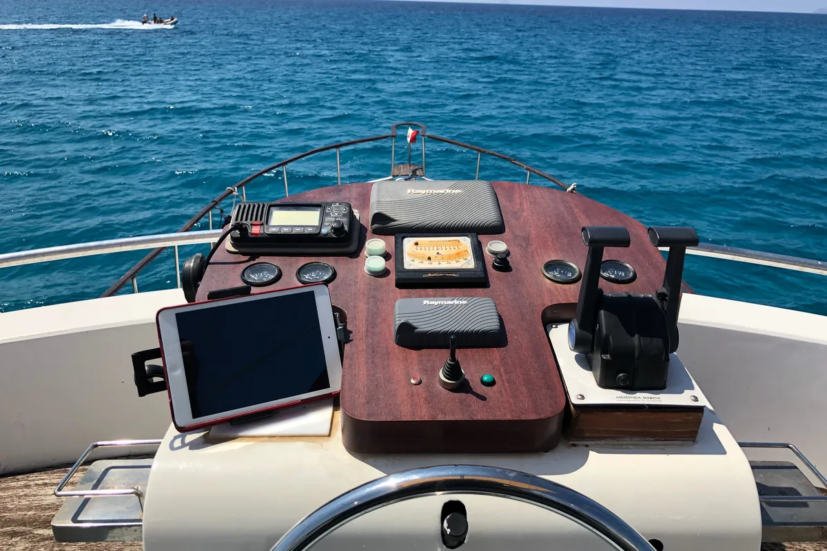 Cockpit of Dreamaway, a Gulet Waverunner 55 yacht at Olbia, Italy
