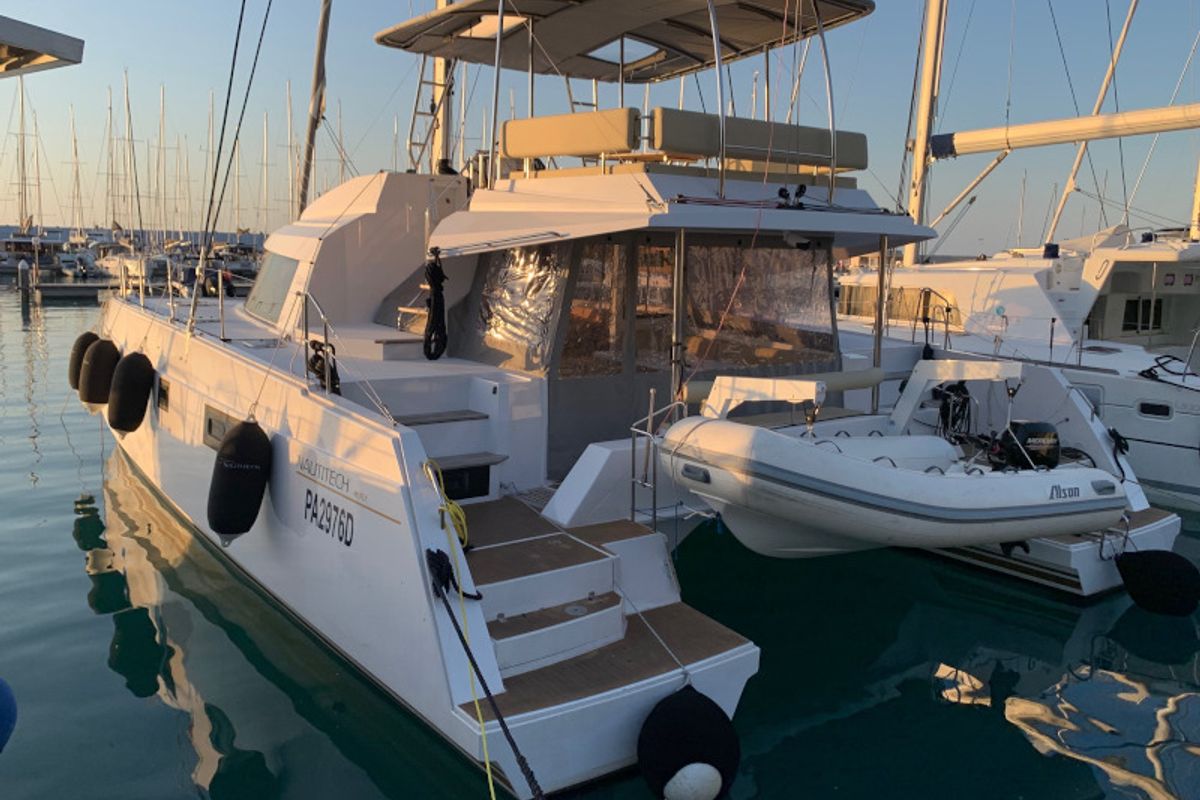 Exterior view of Calypso, a Nautitech 46 Fly catamaran at Capo d'Orlando, Italy