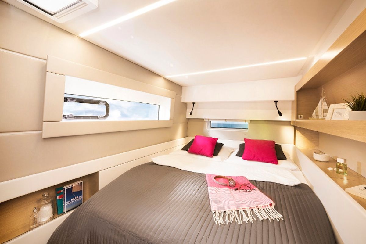 Exterior view of Calypso, a Nautitech 46 Fly catamaran at Capo d'Orlando, Italy