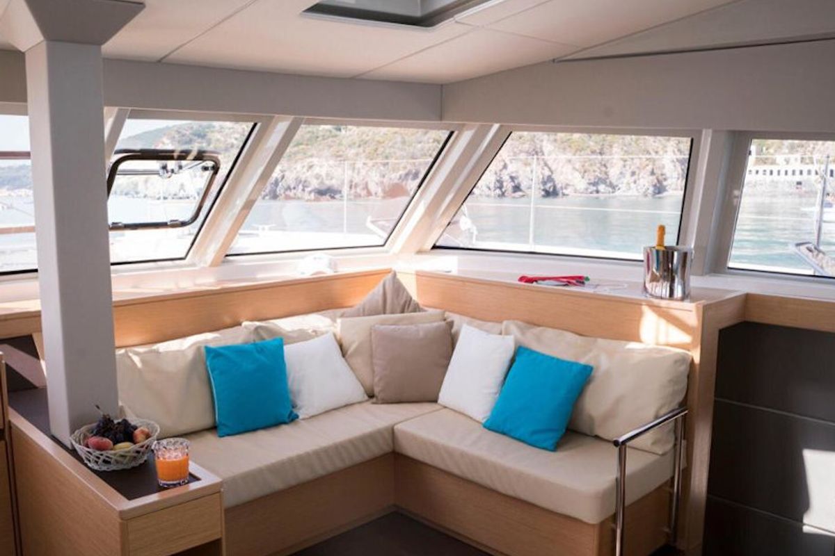 Deck of Calypso, a Nautitech 46 Fly catamaran at Capo d'Orlando, Italy