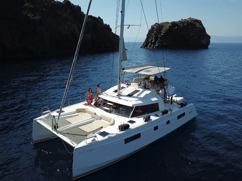 Salon of Calypso, a Nautitech 46 Fly catamaran at Capo d'Orlando, Italy