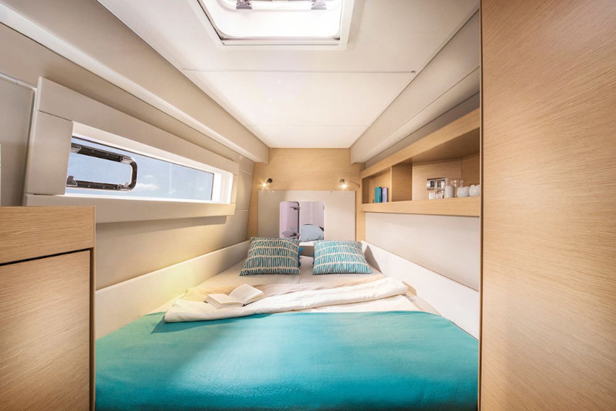 Cabin on Calypso, a Nautitech 46 Fly catamaran at Capo d'Orlando, Italy