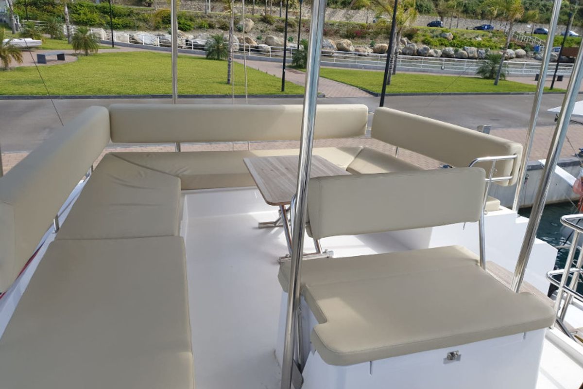 Cabin on Calypso, a Nautitech 46 Fly catamaran at Capo d'Orlando, Italy