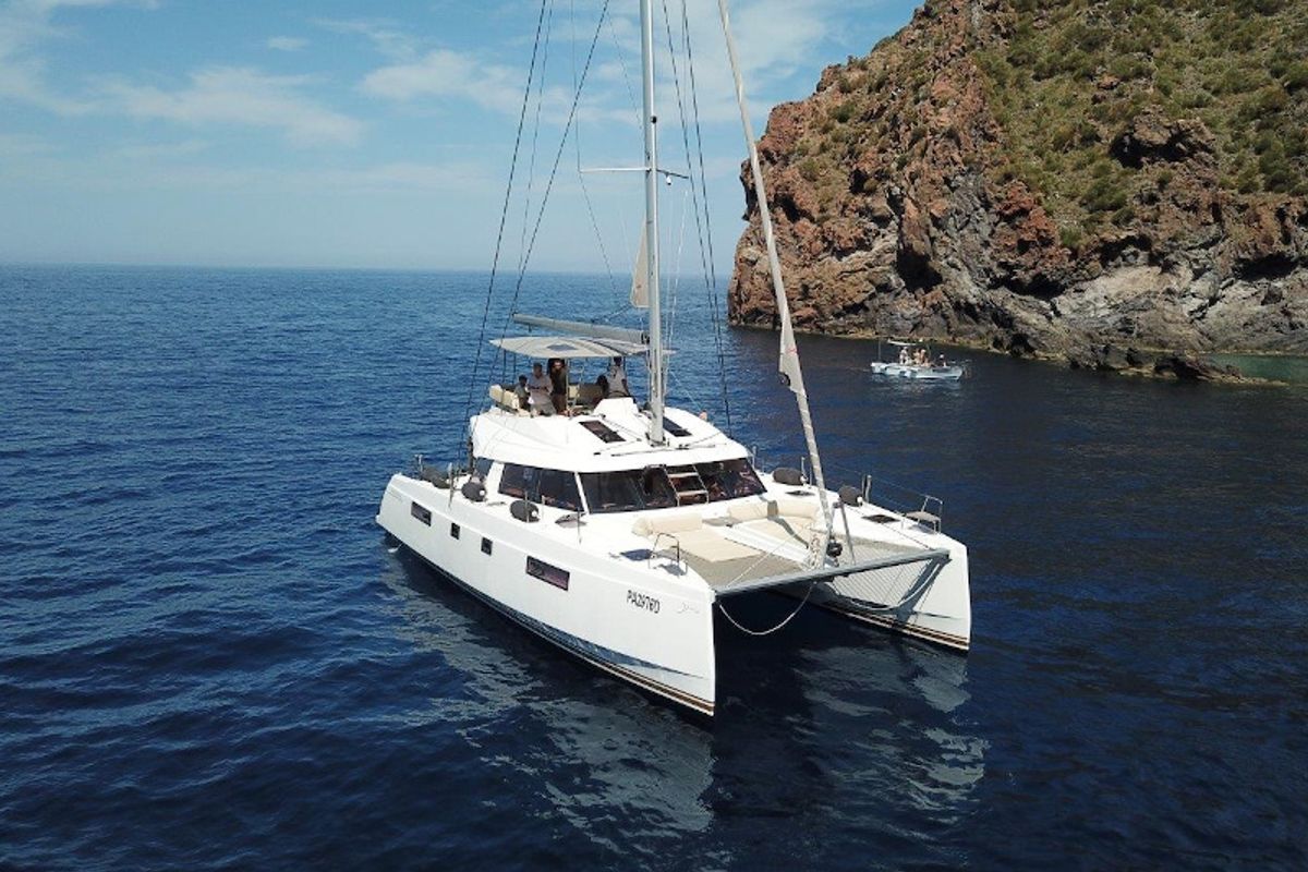 Cabin on Calypso, a Nautitech 46 Fly catamaran at Capo d'Orlando, Italy