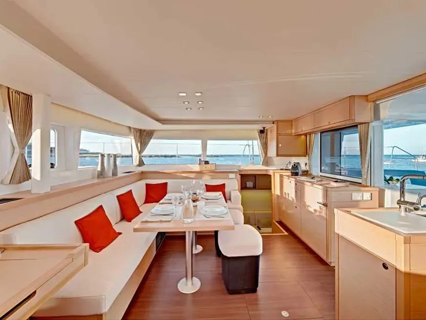 Salon of La Leutenente, a Lagoon 450 catamaran at Alameda, United States