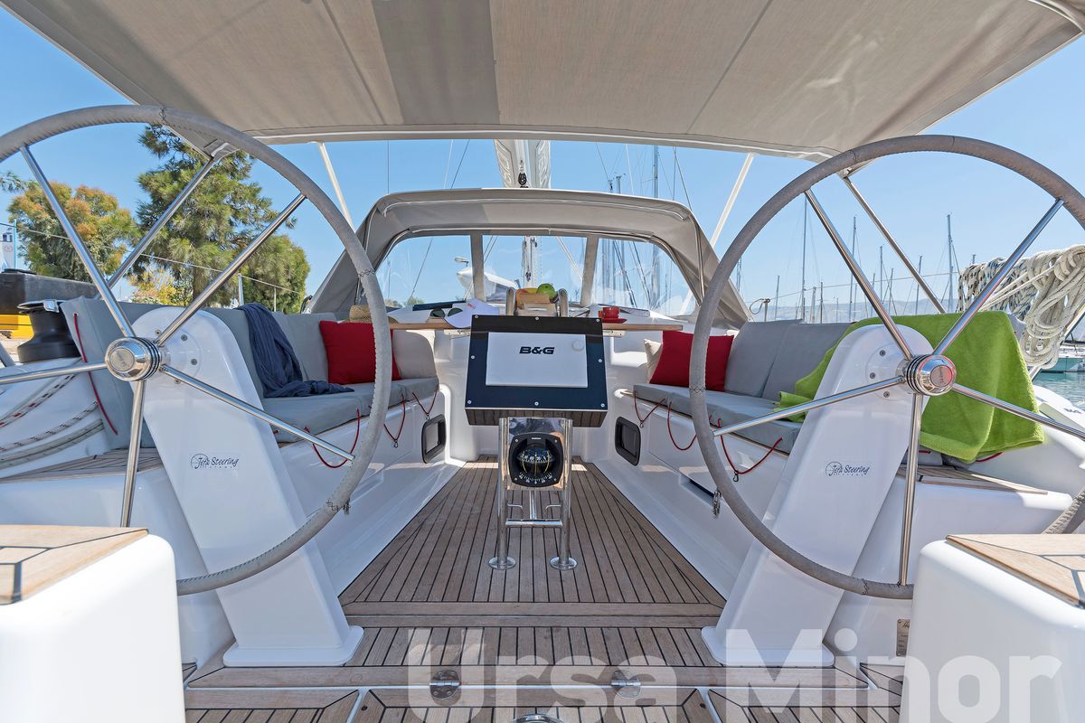 Cockpit of Ursa Minor, a Hanse Yachts Hanse 345 sailboat at Preveza, Greece