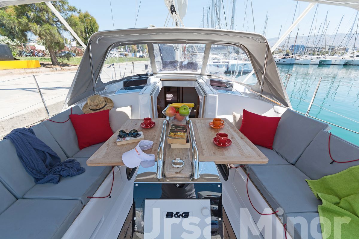 Deck of Ursa Minor, a Hanse Yachts Hanse 345 sailboat at Preveza, Greece