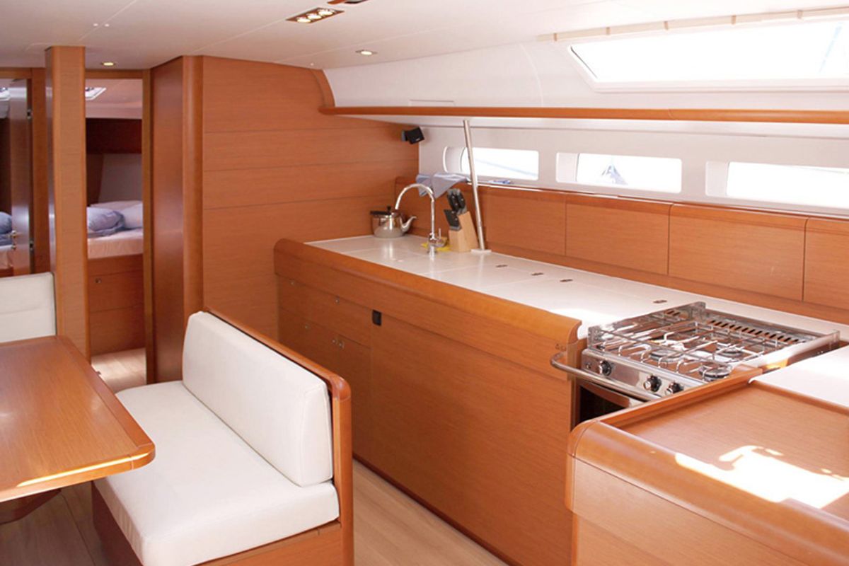 Galley of Achilles, a Jeanneau Sun Odyssey 509 sailboat at Lavreotiki Municipal Unit, Greece