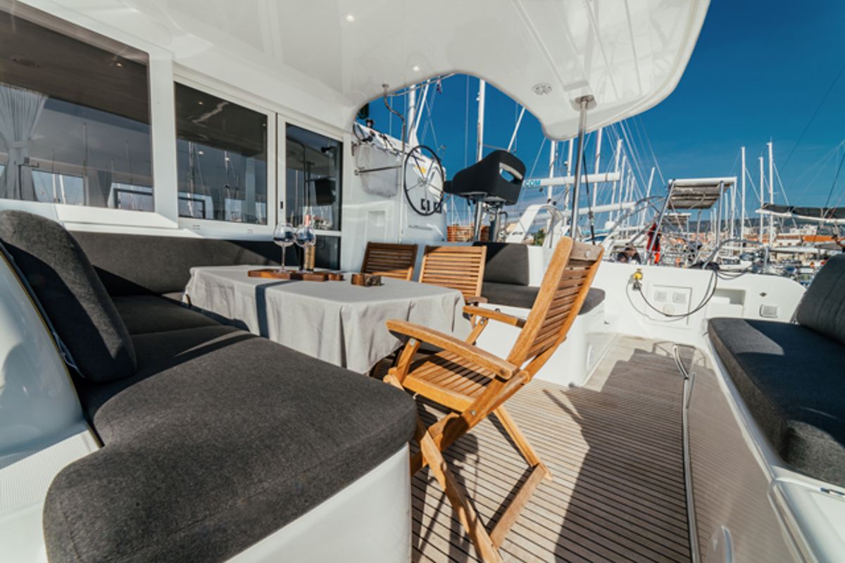 Deck of Meea, a Lagoon 40 catamaran at Grad Šibenik, Croatia