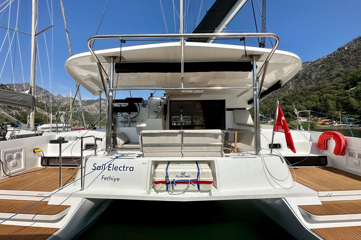 Exterior view of Sail Electra, a Lagoon 42 catamaran at Marmaris, Turkey