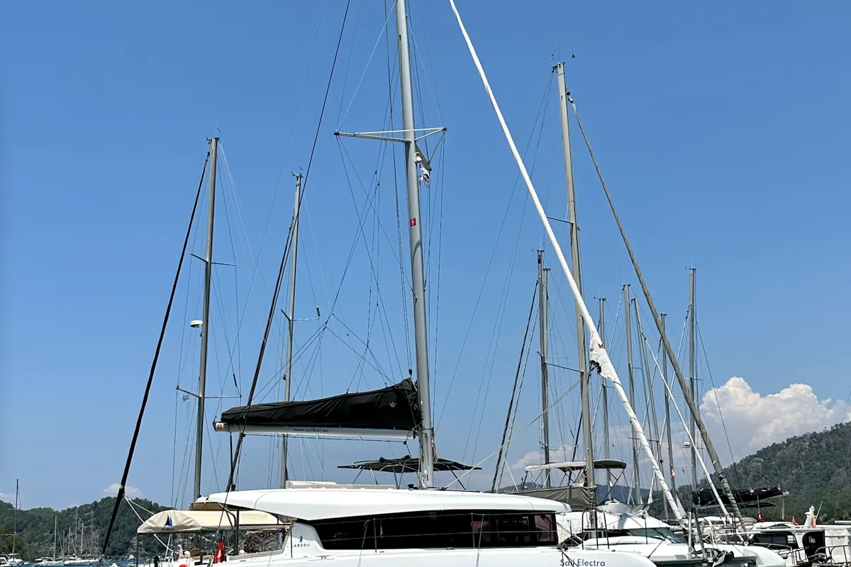 Exterior view of Sail Electra, a Lagoon 42 catamaran at Marmaris, Turkey