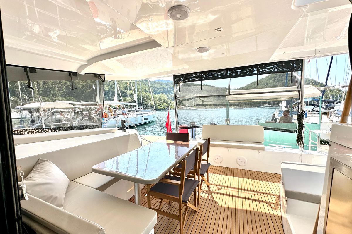 Cockpit of Sail Electra, a Lagoon 42 catamaran at Marmaris, Turkey