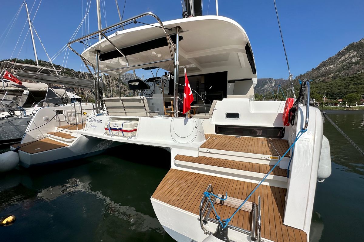 Deck of Sail Electra, a Lagoon 42 catamaran at Marmaris, Turkey