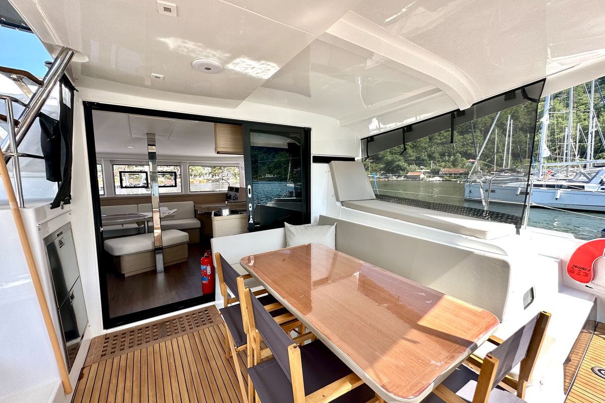 Deck of Sail Electra, a Lagoon 42 catamaran at Marmaris, Turkey