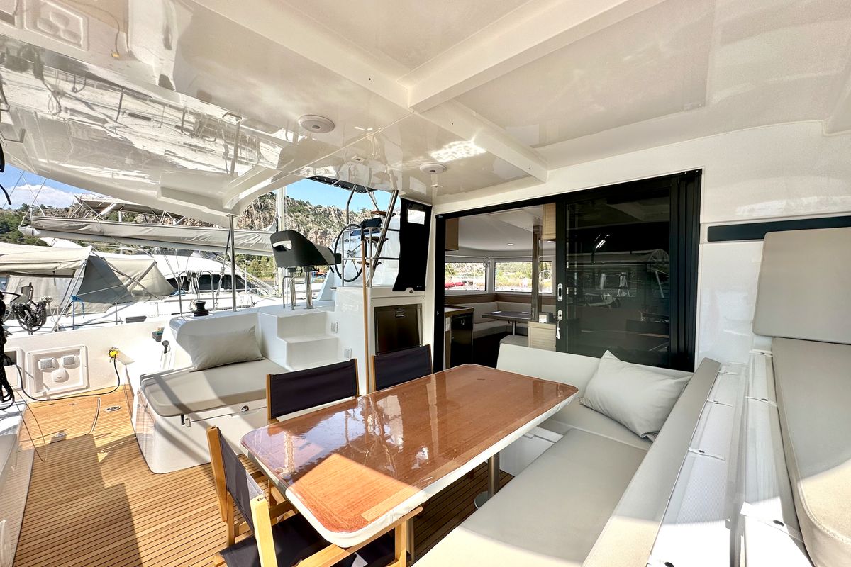 Deck of Sail Electra, a Lagoon 42 catamaran at Marmaris, Turkey