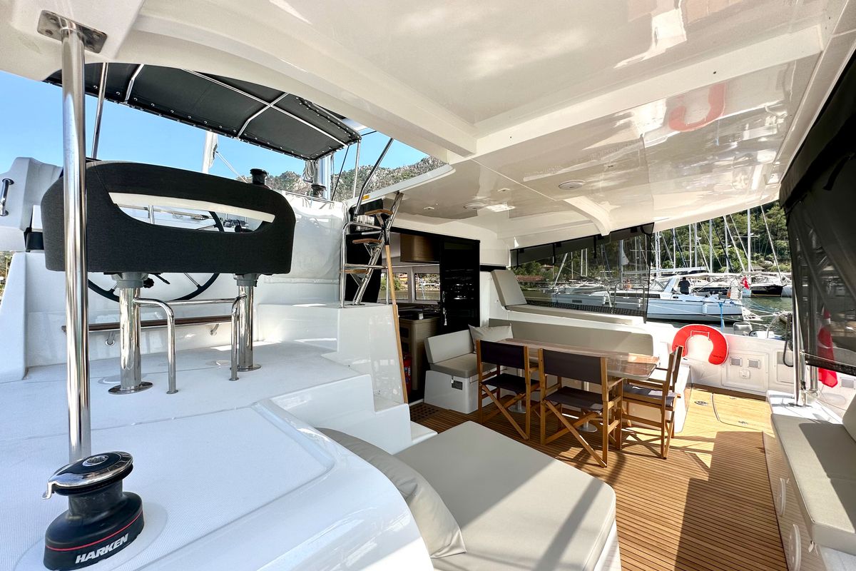 Cockpit of Sail Electra, a Lagoon 42 catamaran at Marmaris, Turkey