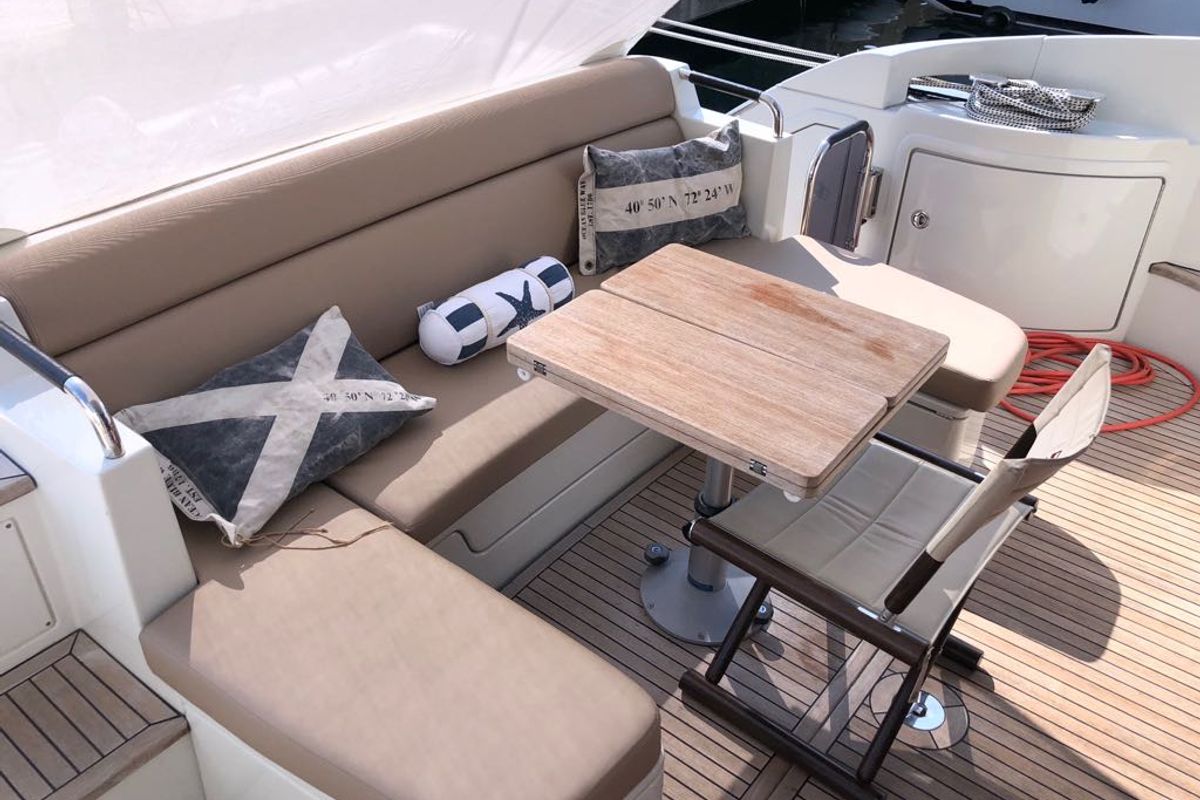 Deck of AMBRA, a Azimut 43 S motorboat at Primošten, Croatia