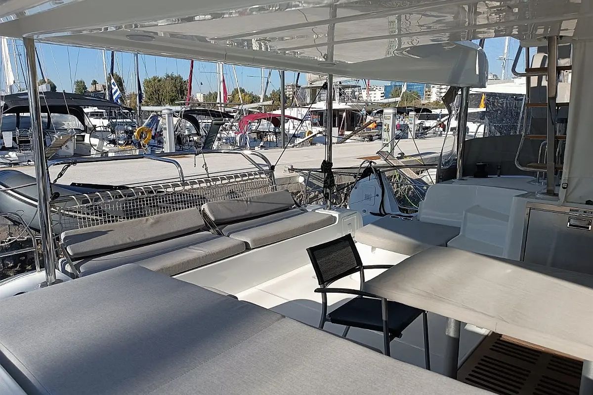 Deck of Hashtag, a Lagoon 43 catamaran at Athens, Greece