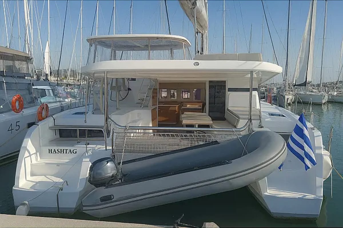 Exterior view of Hashtag, a Lagoon 43 catamaran at Athens, Greece