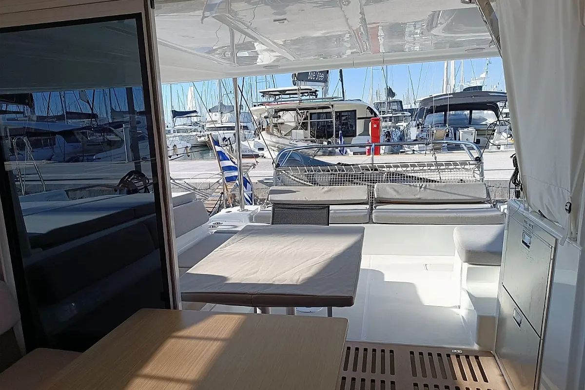 Deck of Hashtag, a Lagoon 43 catamaran at Athens, Greece
