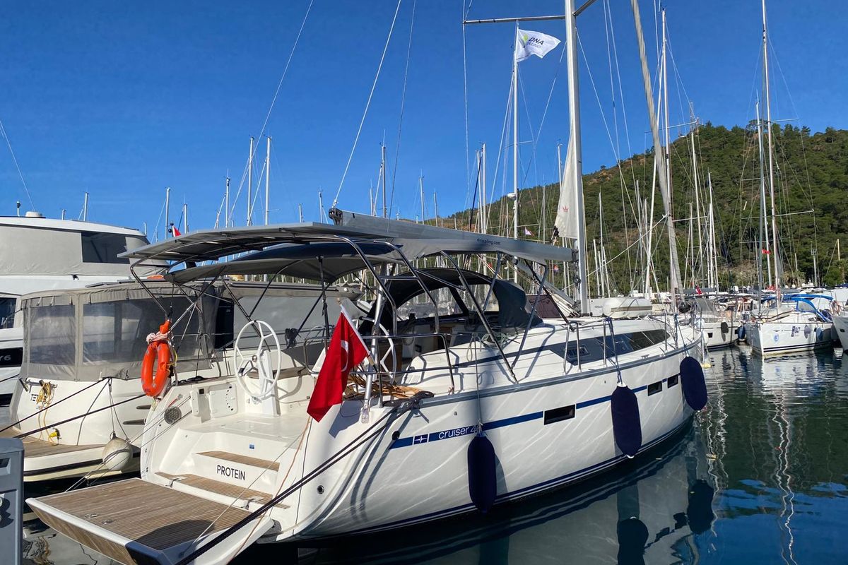 Exterior view of Protein, a Bavaria Cruiser 46 sailboat at Marmaris, Turkey