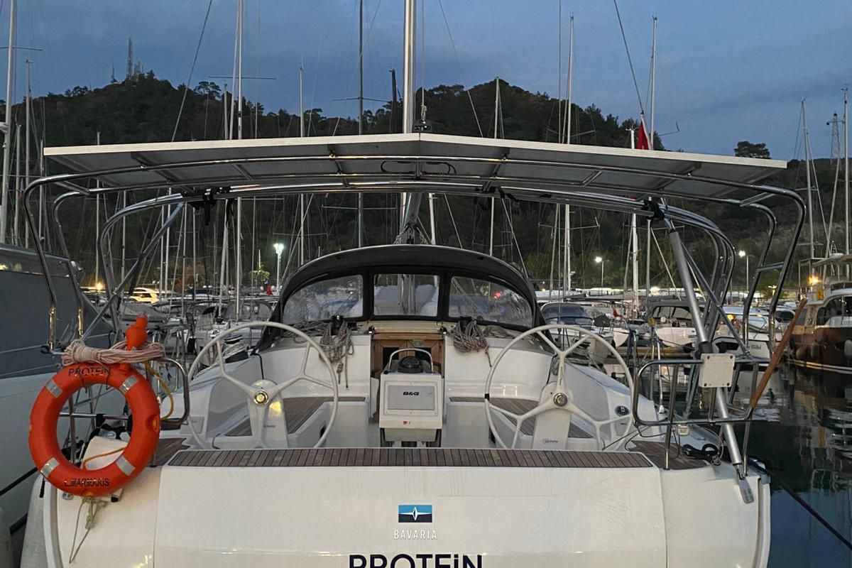 Cockpit of Protein, a Bavaria Cruiser 46 sailboat at Marmaris, Turkey