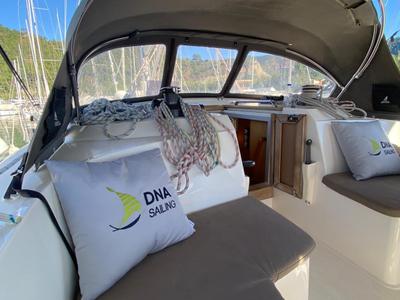 Deck of Protein, a Bavaria Cruiser 46 sailboat at Marmaris, Turkey