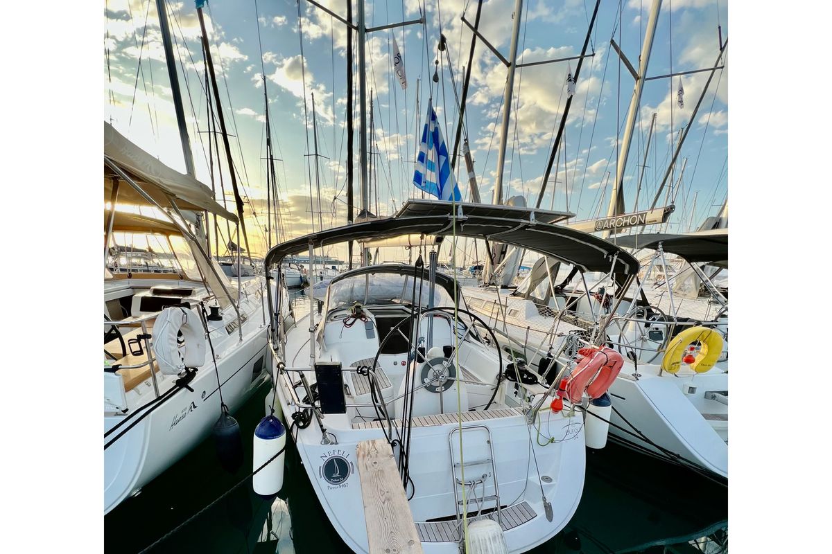 Exterior view of Nefeli, a Dufour 34 sailboat at Municipal Unit of Rhodes, Greece