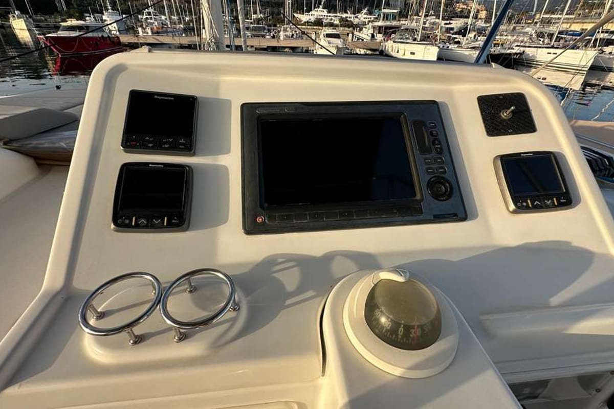 Cockpit of Branchia, a Lagoon 450 Fly catamaran at Naples, Italy