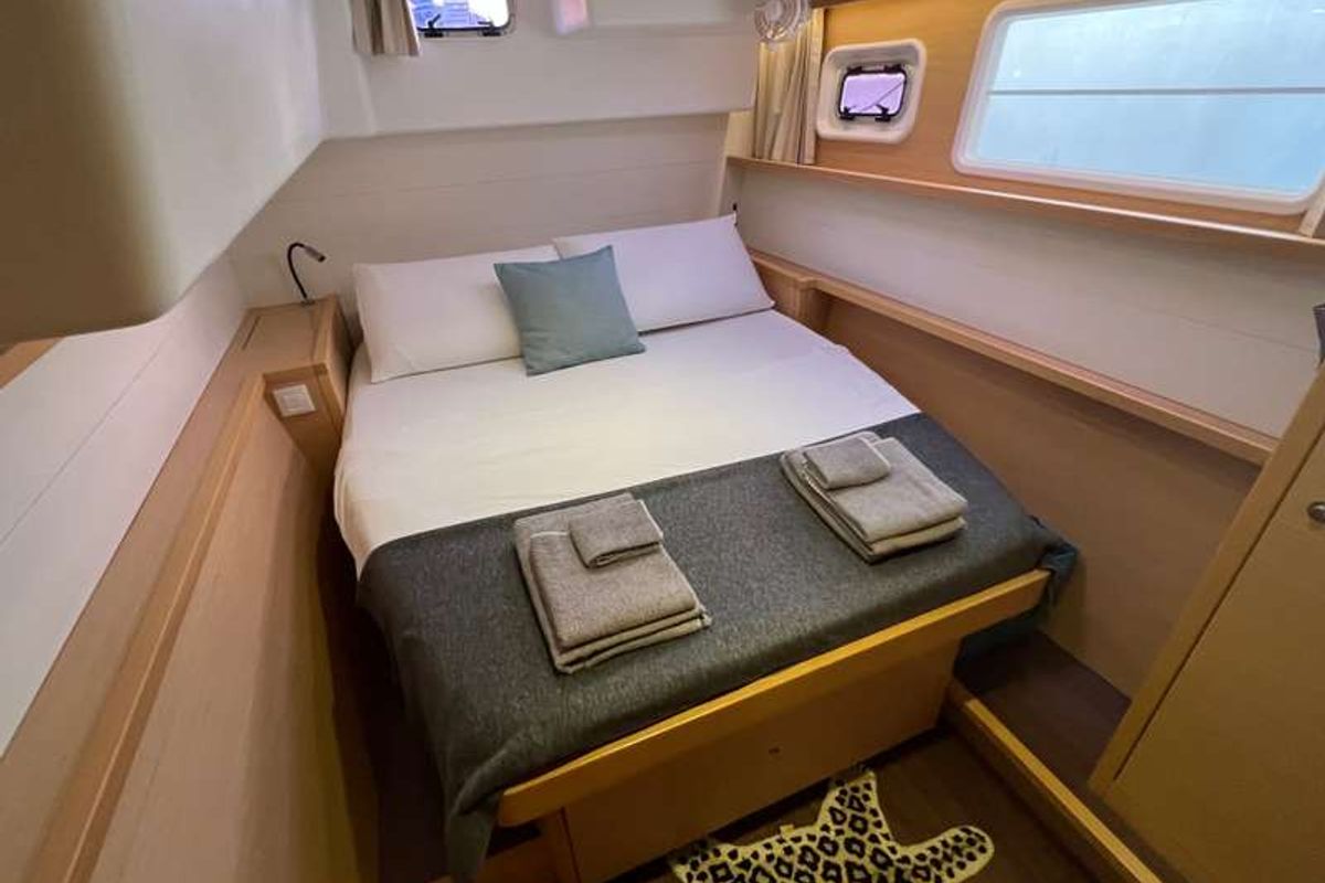 Cabin on Branchia, a Lagoon 450 Fly catamaran at Naples, Italy
