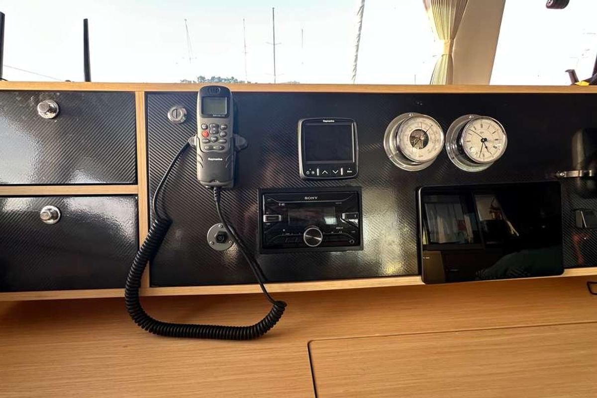 Cockpit of Branchia, a Lagoon 450 Fly catamaran at Naples, Italy