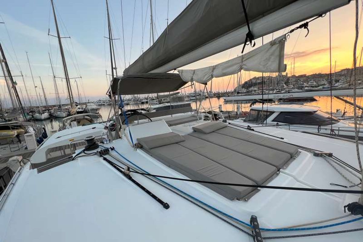 Deck of Branchia, a Lagoon 450 Fly catamaran at Naples, Italy