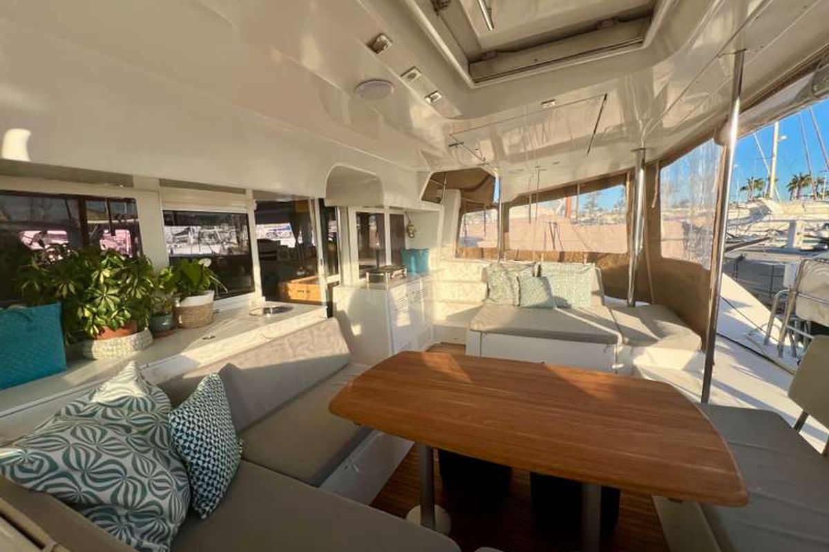 Deck of Branchia, a Lagoon 450 Fly catamaran at Naples, Italy
