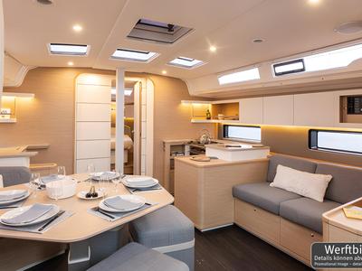Salon of Gimme! Gimme!, a Dufour 44 sailboat at Palma de Mallorca, Spain