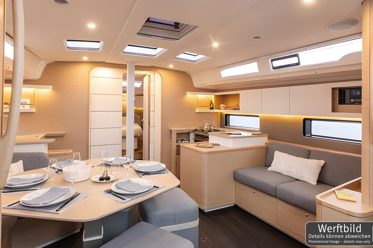 Salon of Gimme! Gimme!, a Dufour 44 sailboat at Palma de Mallorca, Spain