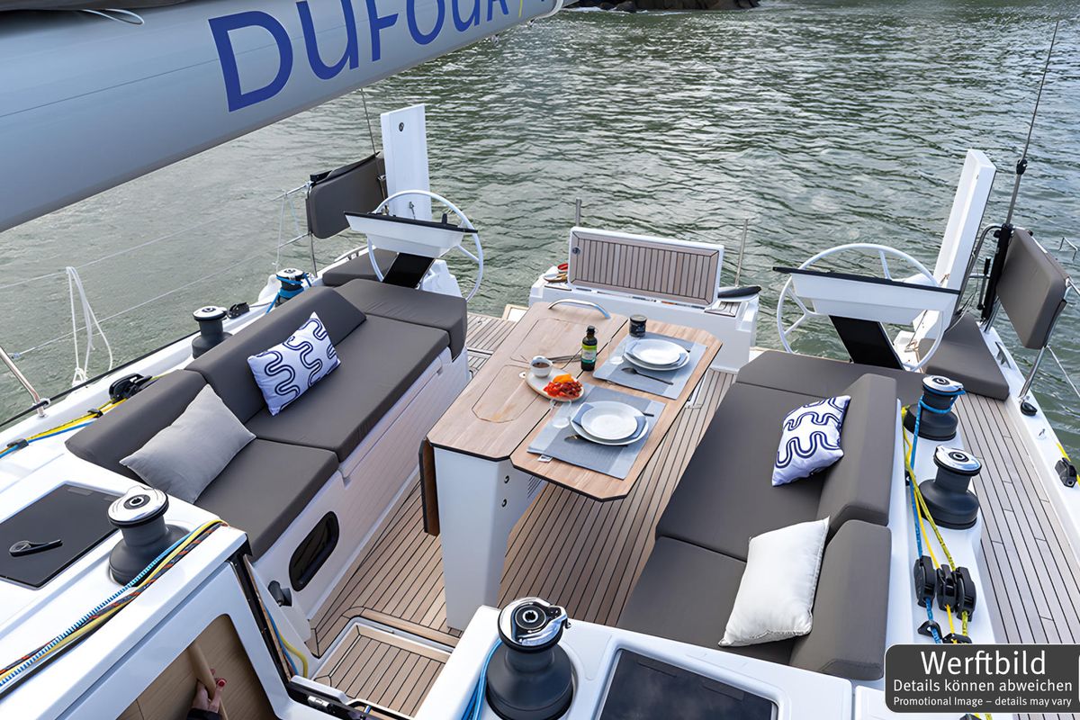 Deck of Gimme! Gimme!, a Dufour 44 sailboat at Palma de Mallorca, Spain