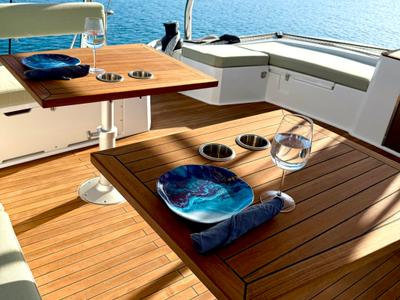Deck of Mastermind II, a Bali 5.4 catamaran at Alameda, United States